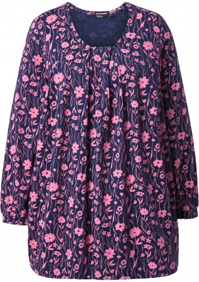 Ulla Popken Pleated Long Sleeve Floral Knit Tunic Ink Blue - T-shirts estampadas para mulher - 