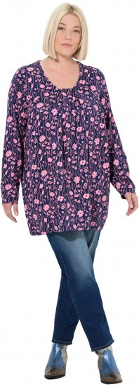 Ulla Popken Pleated Long Sleeve Floral Knit Tunic Ink Blue - T-shirts estampadas para mulher - 