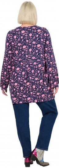 Ulla Popken Pleated Long Sleeve Floral Knit Tunic Ink Blue - T-shirts estampadas para mulher - 