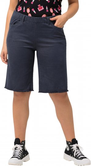 Ulla Popken Frayed Hemline Elastic Waistband Bermuda Shorts Navy - Jeans & Calças Femininas em Tamanhos Grandes – Plus Size - 