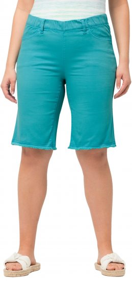 Ulla Popken Frayed Hemline Elastic Waistband Bermuda Shorts Bright Turquoise - Jeans & Calças Femininas em Tamanhos Grandes – Plus Size - 