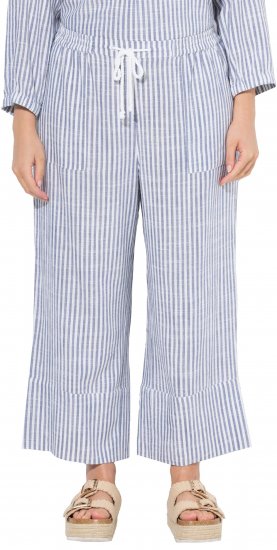 Ulla Popken Coastal Stripe Linen Blend Elastic Waist Culottes Blue - Jeans & Calças Femininas em Tamanhos Grandes – Plus Size - 