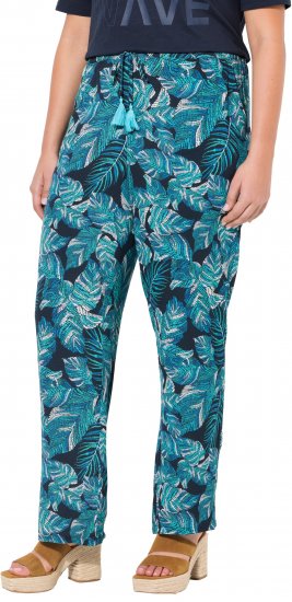 Ulla Popken Tropical Leaf Print Elastic Waist Pants Blue - Jeans & Calças Femininas em Tamanhos Grandes – Plus Size - 