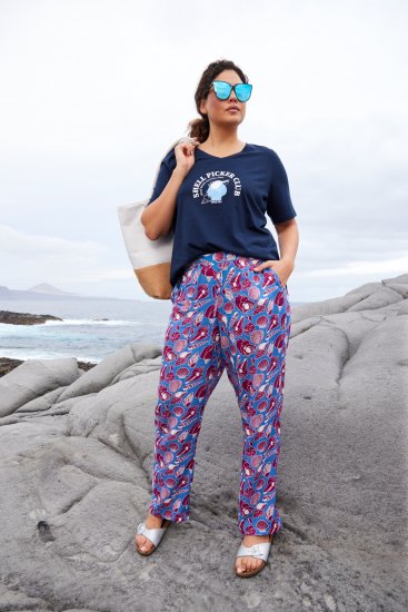 Ulla Popken Seashell Print Elastic Waist Pants Blue - Jeans & Calças Femininas em Tamanhos Grandes – Plus Size - 