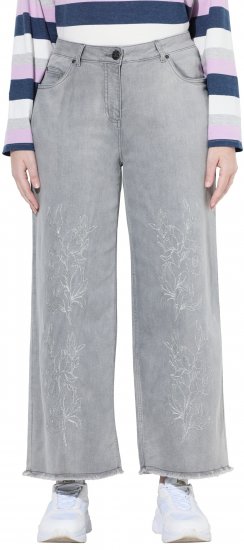 Ulla Popken Embroidered Wide Leg Fringed Hem Jeans Grey - Jeans & Calças Femininas em Tamanhos Grandes – Plus Size - 