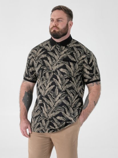D555 Palmer Leaf Printed Jacquard Collar & Cuff Chest Pocket Polo Black - Pólos - Pólos Tamanhos Grandes Homem