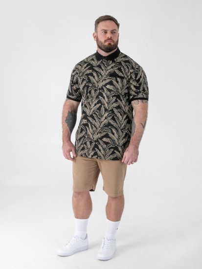 D555 Palmer Leaf Printed Jacquard Collar & Cuff Chest Pocket Polo Black - Pólos - Pólos Tamanhos Grandes Homem