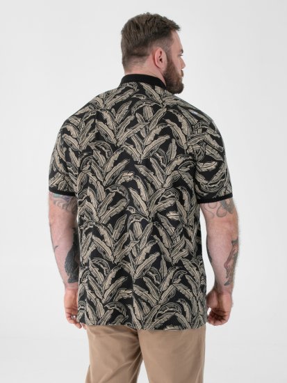 D555 Palmer Leaf Printed Jacquard Collar & Cuff Chest Pocket Polo Black - Pólos - Pólos Tamanhos Grandes Homem