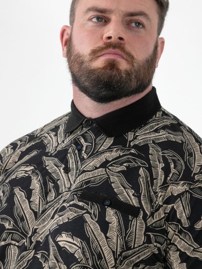 D555 Palmer Leaf Printed Jacquard Collar & Cuff Chest Pocket Polo Black - Pólos - Pólos Tamanhos Grandes Homem