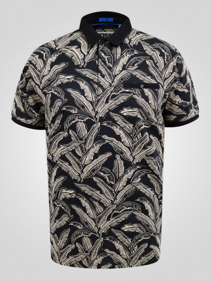 D555 Palmer Leaf Printed Jacquard Collar & Cuff Chest Pocket Polo Black - Pólos - Pólos Tamanhos Grandes Homem