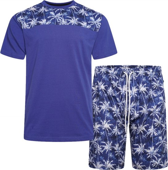 Kam Jeans 5002 Palm Tree Panel Tee And Short Set Electric Blue - T-shirts - T-shirts Homem Tamanhos Grandes