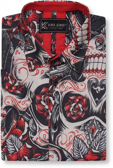 Kam Jeans 6062 Skull And Roses Print Short Sleeve Shirt Black - Camisas - Camisas Homem Tamanhos Grandes