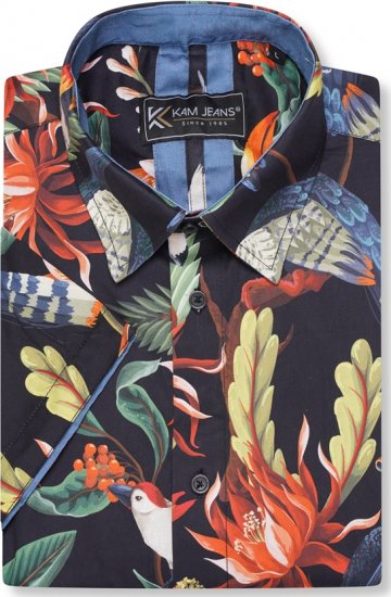 Kam Jeans 6066 Bird Print Short Sleeve Shirt Navy - Camisas - Camisas Homem Tamanhos Grandes