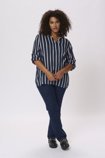 Kaffe Curve Sida Blusa Meia-Noite/Giz À Riscas - Blusas e Túnicas - 