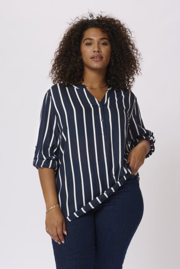 Kaffe Curve Sida Blusa Meia-Noite/Giz À Riscas - Blusas e Túnicas - 