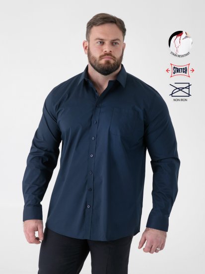 D555 Oliver Camisa Elástica De Manga Comprida Resistente A Manchas E Sem Passar A Ferro Azul Marinho - Camisas - Camisas Homem Tamanhos Grandes