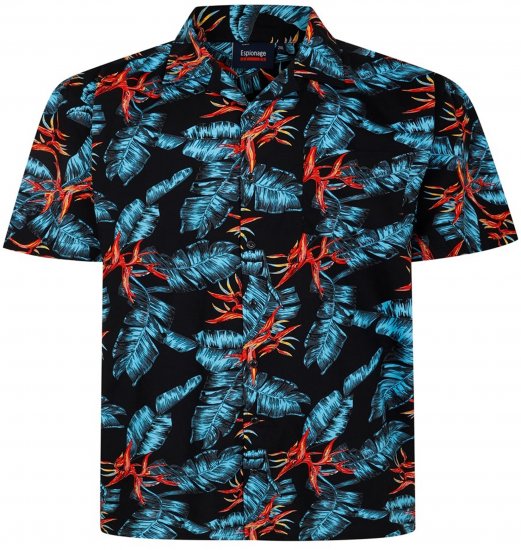 Espionage SH435 All Over Leaf Print Short Sleeve Shirt Black - Camisas de manga curta - Camisas de Manga Curta Tamanhos Grandes