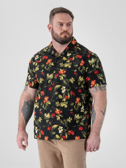 D555 Gordon Hawaiian AOP Cuvan Collar Resort Short Sleeve Black - Camisas - Camisas Homem Tamanhos Grandes
