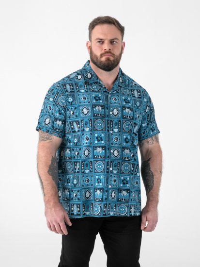 D555 Hawkins Printed Cuban Collar Resort Short Sleeve Shirt Teal - Camisas - Camisas Homem Tamanhos Grandes