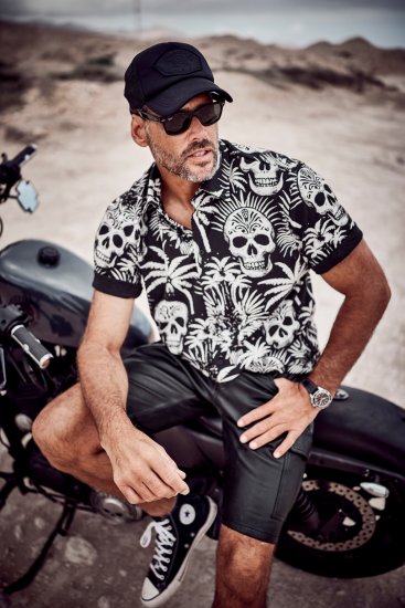 JP1880 Skull Pattern Jersey Short Sleeve Shirt Black - Camisas - Camisas Homem Tamanhos Grandes