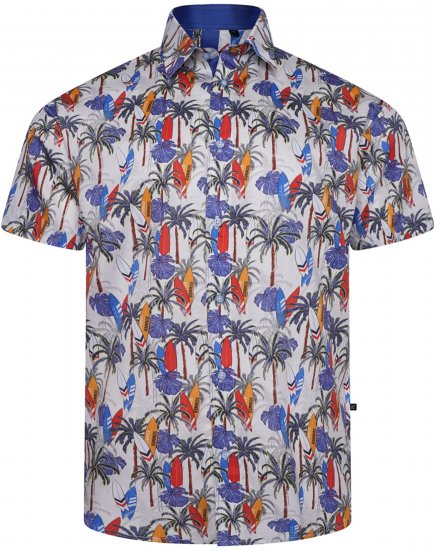 Kam Jeans 6060 Palm Tree and Surf Boards Short Sleeve Shirt White - Camisas - Camisas Homem Tamanhos Grandes