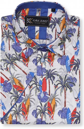 Kam Jeans 6060 Palm Tree and Surf Boards Short Sleeve Shirt White - Camisas - Camisas Homem Tamanhos Grandes