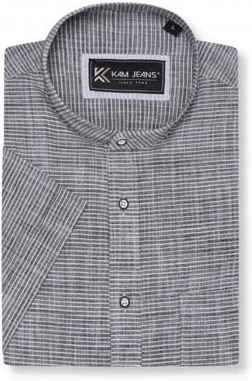 Kam Jeans 6334 Striped Grandad Short Sleeve Shirt Charcoal - Camisas - Camisas Homem Tamanhos Grandes