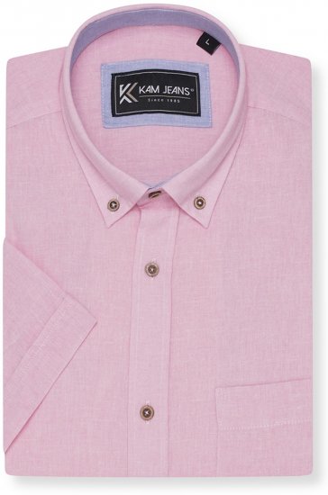 Kam Jeans 6340 Linen Mix Short Sleeve Shirt Pink - Camisas - Camisas Homem Tamanhos Grandes