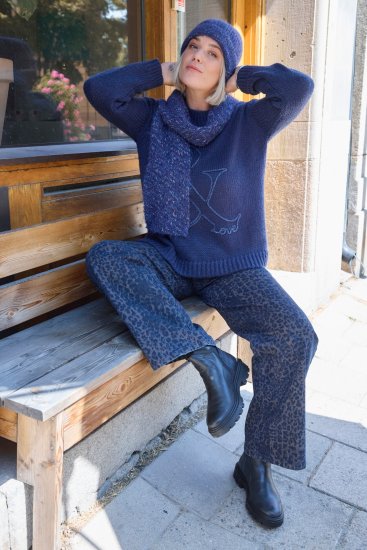 Ulla Popken Textured Glitter Embroidery Oversized Sweater Ink Blue - Sweatshirts & hoodies - 