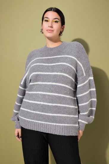 Ulla Popken Oversized Striped Balloon Sleeve Sweater Grey Melange - Sweatshirts & hoodies - 