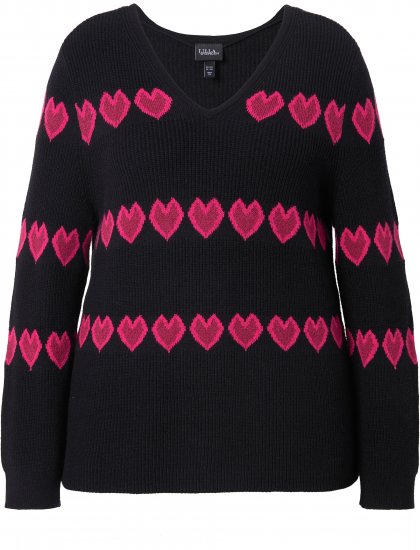 Ulla Popken Heart Print Long Sleeve V-Neck Sweater Black - Sweatshirts & hoodies - 