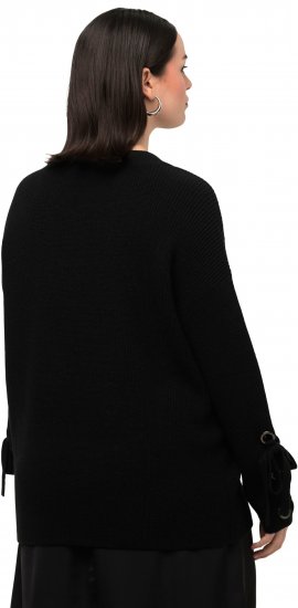 Ulla Popken Lace-Up Cuff Long Sleeve V-Neck Sweater Black - Sweatshirts & hoodies - 