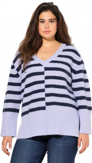 Ulla Popken Split Stripe Long Sleeve V-Neck Sweater Blue Grey - Sweatshirts & hoodies - 