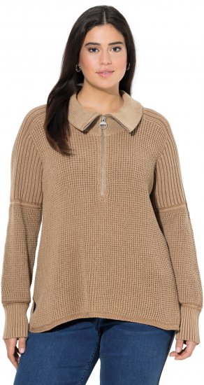 Ulla Popken Two-Tone Mixed Knit Troyer Collar Sweater Caramel - Sweatshirts & hoodies - 