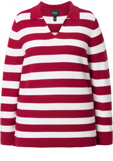 Ulla Popken Striped Polo Collar Long Sleeve Sweater Ruby Red - Sweatshirts & hoodies - 