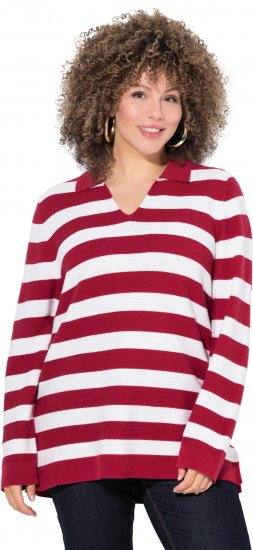 Ulla Popken Striped Polo Collar Long Sleeve Sweater Ruby Red - Sweatshirts & hoodies - 