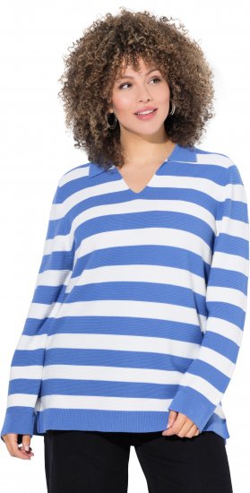 Ulla Popken Striped Polo Collar Long Sleeve Sweater Aegean Blue - Sweatshirts & hoodies - 