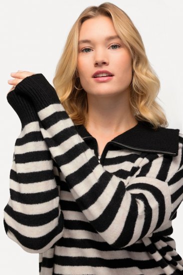 Ulla Popken Striped Troyer Collar Sweater Black - Sweatshirts & hoodies - Sweatshirts, Hoodies e Malhas Aconchegantes
