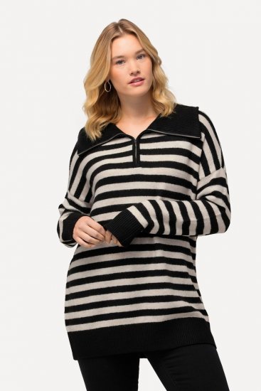 Ulla Popken Striped Troyer Collar Sweater Black - Sweatshirts & hoodies - Sweatshirts, Hoodies e Malhas Aconchegantes
