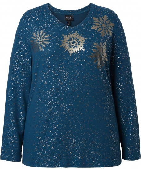 Ulla Popken Metallic Print Extra Soft Christmas Sweatshirt Petrol - Ulla Popken - 