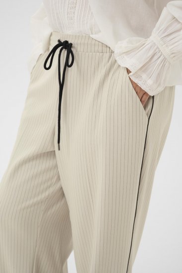Kaffe Curve Sirana Pants Beige Melange/Black Stripe - Calças de tecido - 