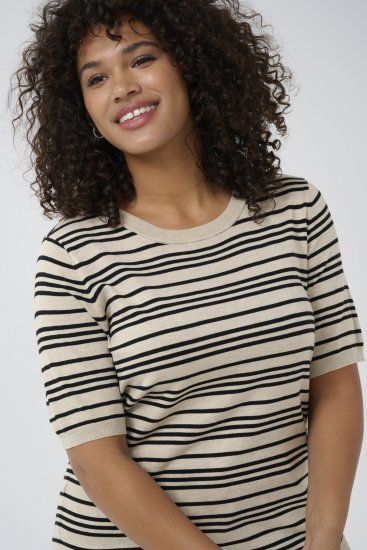 Kaffe Curve Lizzy Camisola às riscas Bege/Preto às riscas - T-shirts estampadas para mulher - 