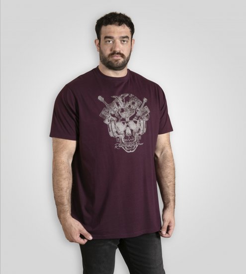 D555 Grimsby Rock n' Roll Skull Printed T-Shirt Burgundy - T-shirts lisas - T-shirts lisas tamanhos grandes