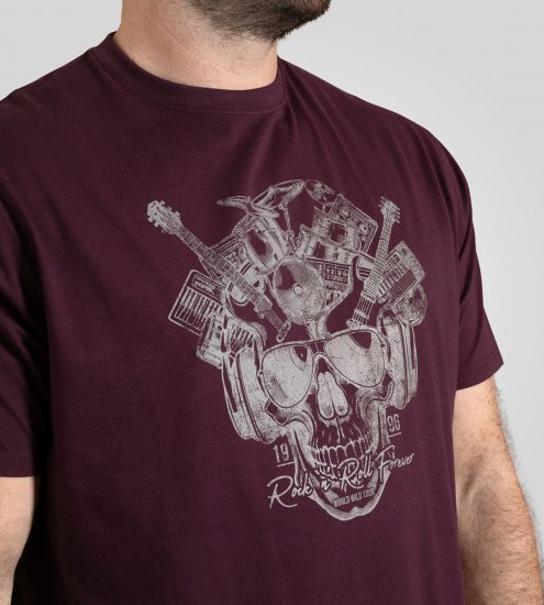 D555 Grimsby Rock n' Roll Skull Printed T-Shirt Burgundy - T-shirts lisas - T-shirts lisas tamanhos grandes