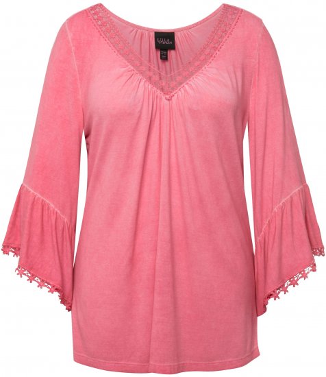 Ulla Popken Trumpet Sleeve Cold Dyed Tee Dark Pink - T-shirts estampadas para mulher - 