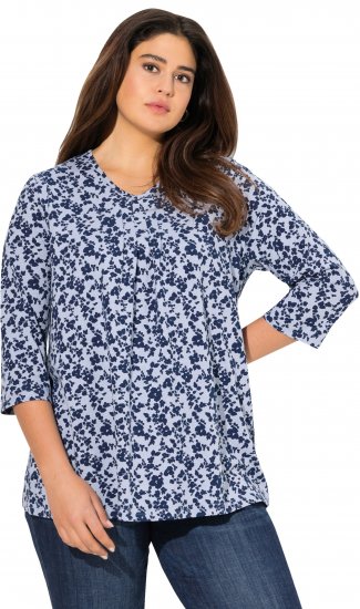 Ulla Popken Floral 3/4 Sleeve V-Neck A-Line Tee Blue - T-shirts - 