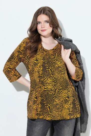 Ulla Popken Animal Print 3/4 Sleeve V-Neck Tee Neon Orange - T-shirts - T-shirts femininas
