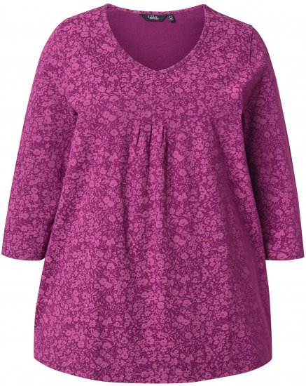 Ulla Popken Pleated Floral Print 3/4 Sleeve Tee Raspberry - T-shirts estampadas para mulher - 