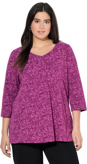 Ulla Popken Pleated Floral Print 3/4 Sleeve Tee Raspberry - T-shirts estampadas para mulher - 