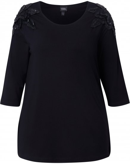 Ulla Popken Flower Epaulet 3/4 Sleeve Top Black - T-shirts estampadas para mulher - 